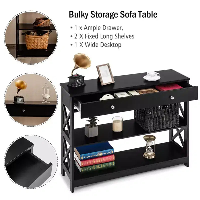 Costway Tavolino Consolle con Cassetti e Ripiani, Tavolo d'Accento per Divano, Ingresso, Corridoio, Bianco/Nero