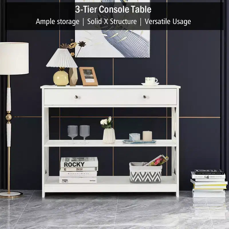 Costway Tavolino Consolle con Cassetti e Ripiani, Tavolo d'Accento per Divano, Ingresso, Corridoio, Bianco/Nero