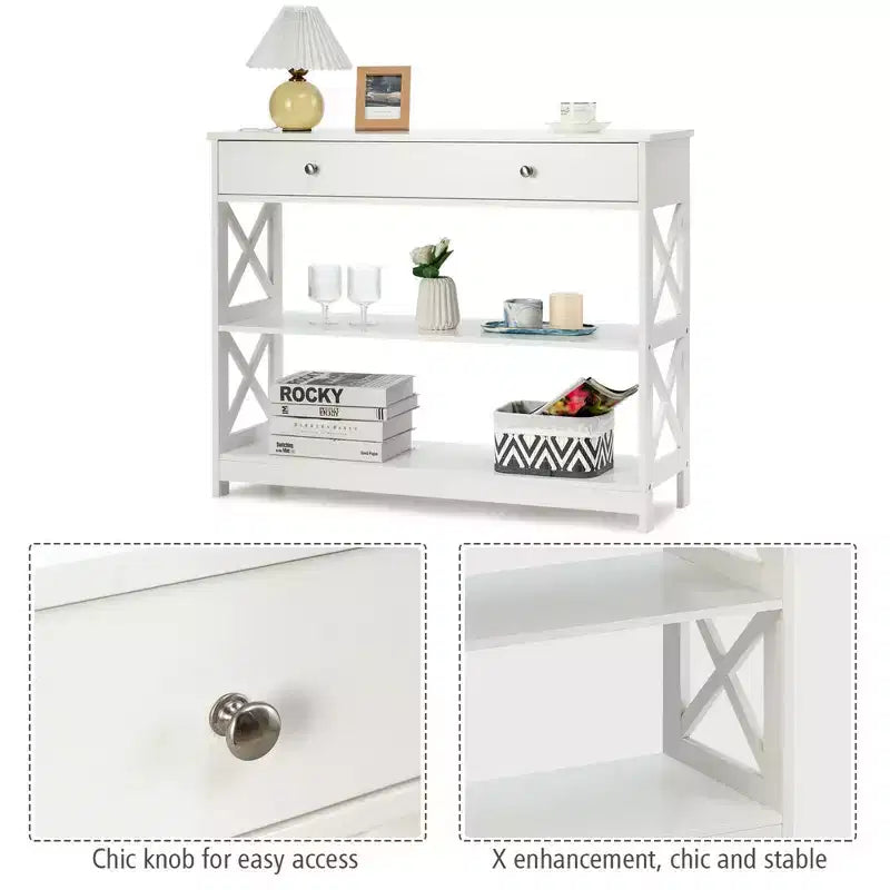 Costway Tavolino Consolle con Cassetti e Ripiani, Tavolo d'Accento per Divano, Ingresso, Corridoio, Bianco/Nero