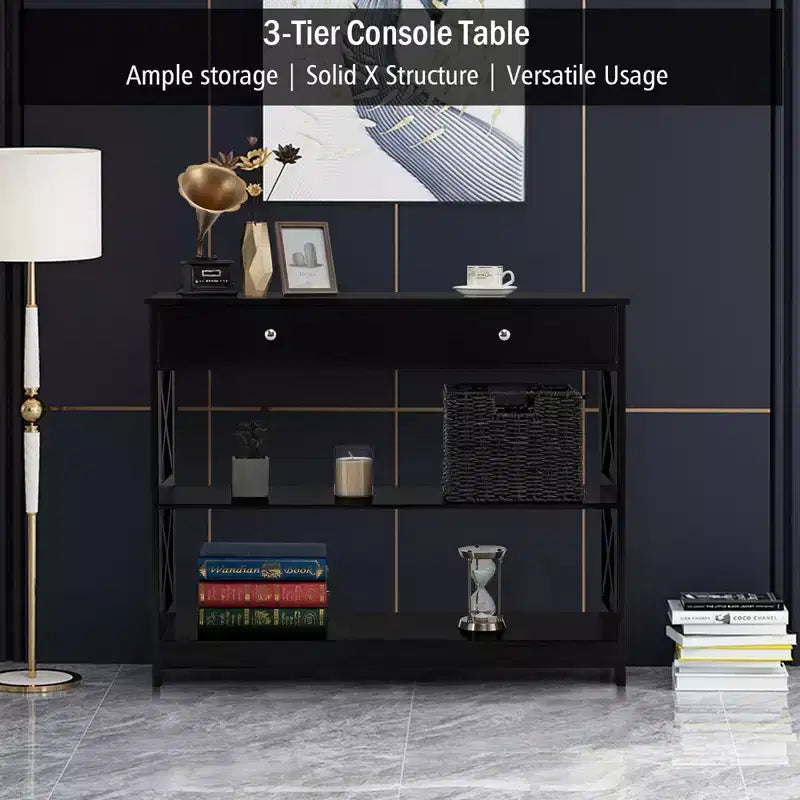 Costway Tavolino Consolle con Cassetti e Ripiani, Tavolo d'Accento per Divano, Ingresso, Corridoio, Bianco/Nero
