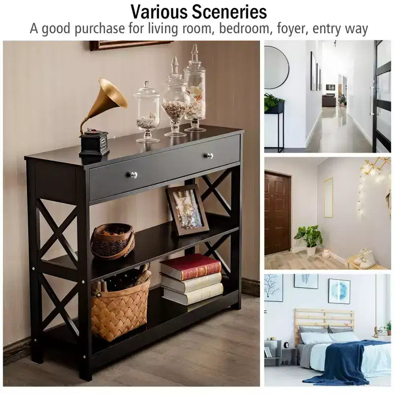 Costway Tavolino Consolle con Cassetti e Ripiani, Tavolo d'Accento per Divano, Ingresso, Corridoio, Bianco/Nero