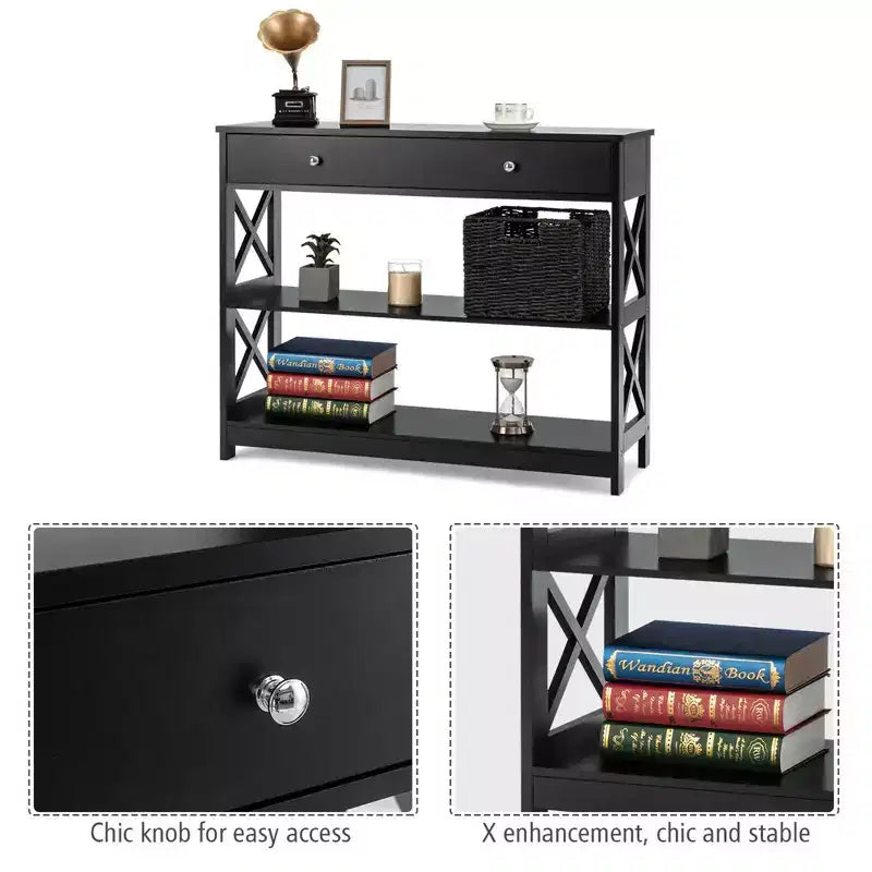 Costway Tavolino Consolle con Cassetti e Ripiani, Tavolo d'Accento per Divano, Ingresso, Corridoio, Bianco/Nero