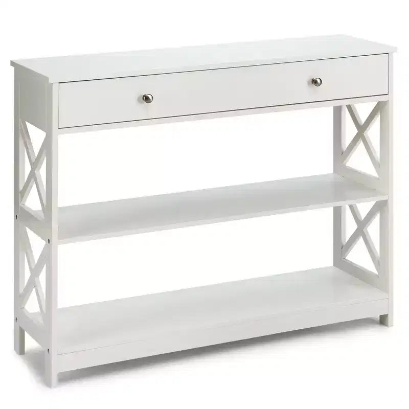 Costway Tavolino Consolle con Cassetti e Ripiani, Tavolo d'Accento per Divano, Ingresso, Corridoio, Bianco/Nero
