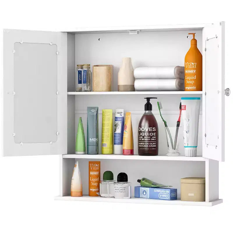 Costway Nuovo Armadietto da Parete per Bagno, Ante a Doppio Specchio, Armadietto Contenitore per Medicinali, Mensola, Bianco