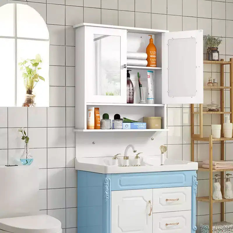 Costway Nuovo Armadietto da Parete per Bagno, Ante a Doppio Specchio, Armadietto Contenitore per Medicinali, Mensola, Bianco