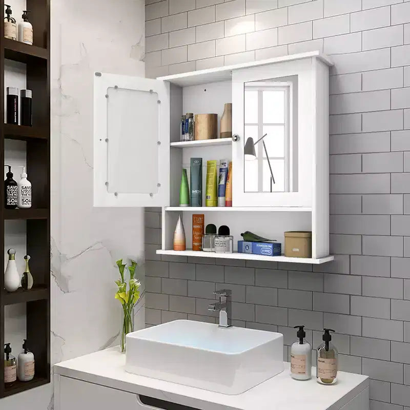 Costway Nuovo Armadietto da Parete per Bagno, Ante a Doppio Specchio, Armadietto Contenitore per Medicinali, Mensola, Bianco