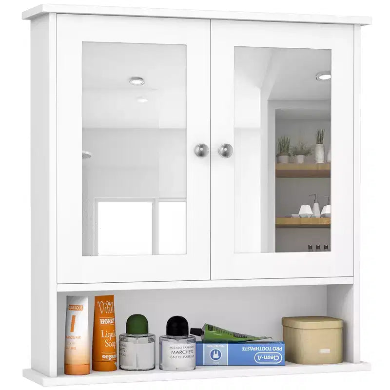 Costway Nuovo Armadietto da Parete per Bagno, Ante a Doppio Specchio, Armadietto Contenitore per Medicinali, Mensola, Bianco