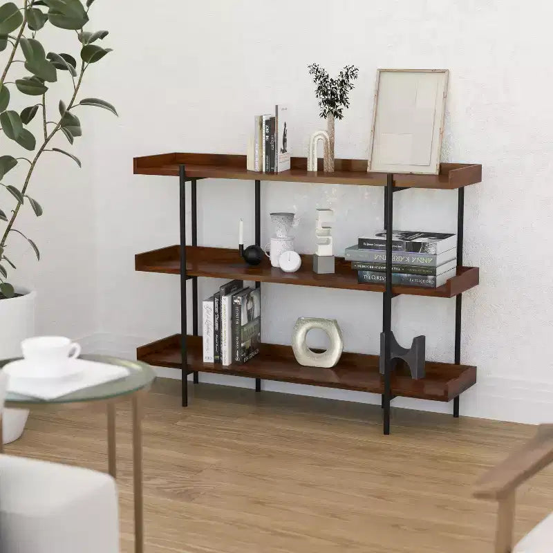 Merrick Lane, Scaffale a 3 Ripiani Stile Industriale, Marrone Rustico con Struttura in Metallo Nero e Bordo Rialzato - 35H