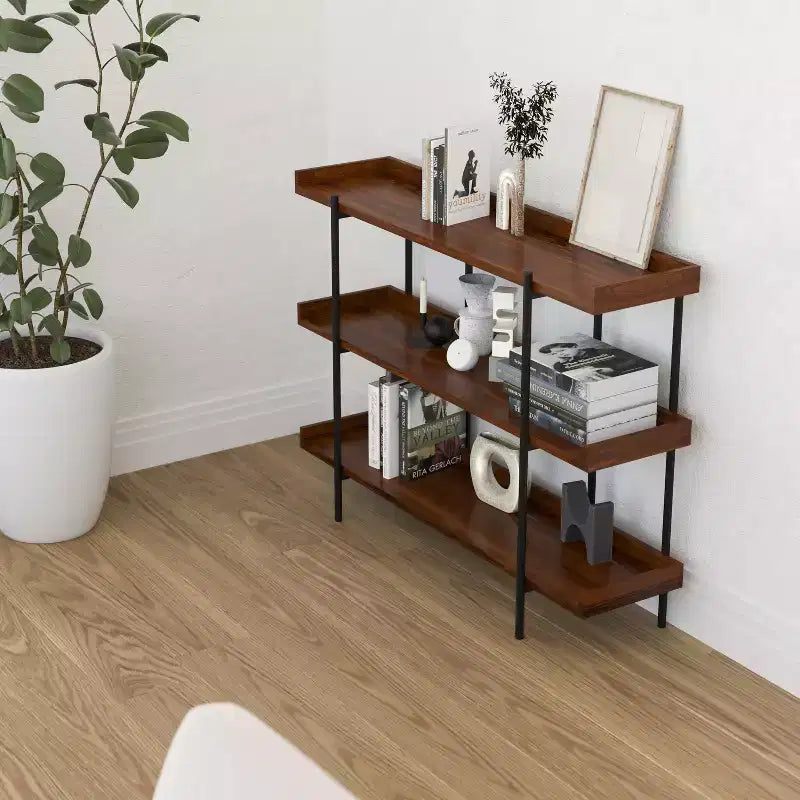 Merrick Lane, Scaffale a 3 Ripiani Stile Industriale, Marrone Rustico con Struttura in Metallo Nero e Bordo Rialzato - 35H