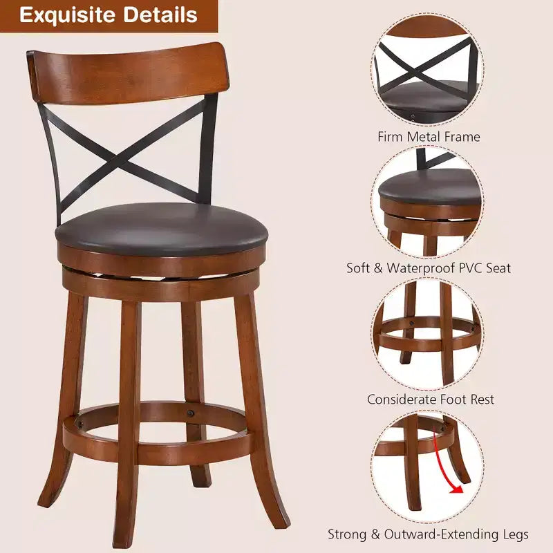Costway Set di 2 Sgabelli da Bar Girevoli da 63,5 cm Sedie da Bar da Pranzo con Gambe in Legno di Gomma