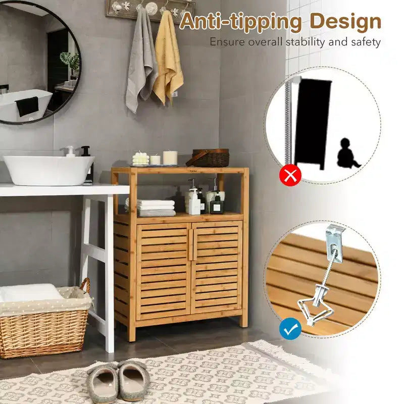 Costway Mobile Lavabo a Due Ante in Bambù con Ripiano Aperto