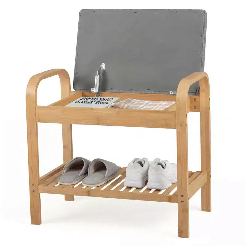 Panca scarpiera Costway in bambù con sedile imbottito e ripiano contenitore, panca porta scarpe con seduta imbottita