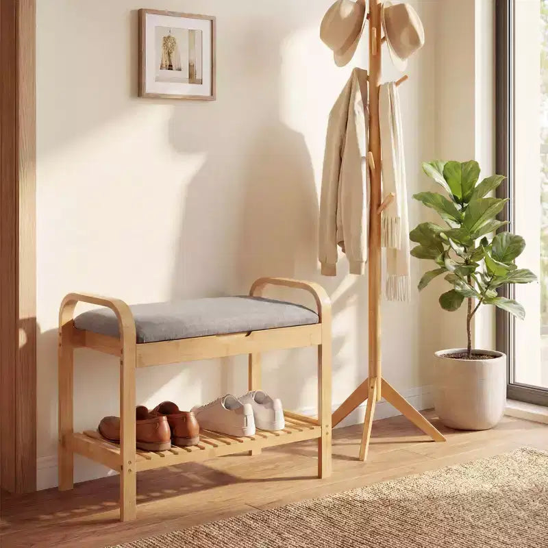 Panca scarpiera Costway in bambù con sedile imbottito e ripiano contenitore, panca porta scarpe con seduta imbottita