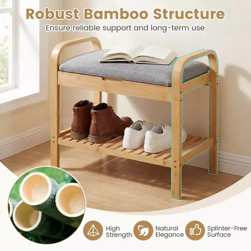 Panca scarpiera Costway in bambù con sedile imbottito e ripiano contenitore, panca porta scarpe con seduta imbottita