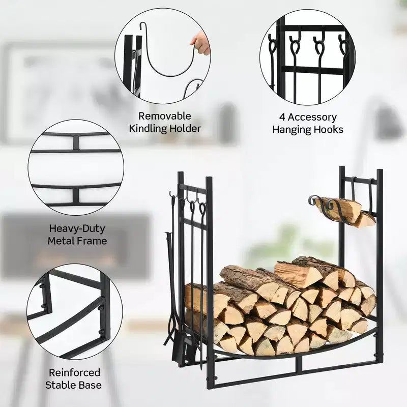 Costway Porta Legna da Ardere da 30 Pollici con Set di 4 Utensili e Supporti per Accendifuoco per Interni ed Esterni