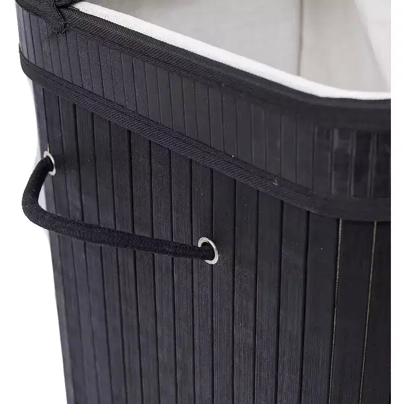 Cesta portabiancheria doppia in bambù BirdRock Home con coperchio e fodera in tessuto - Nera