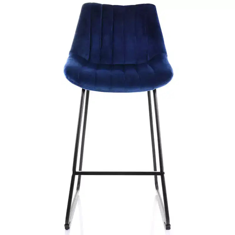 Sgabello da bar trapuntato in velluto Elama, set da 2, blu con gambe in metallo