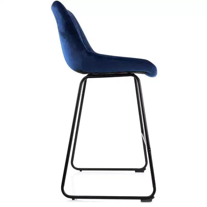 Sgabello da bar trapuntato in velluto Elama, set da 2, blu con gambe in metallo