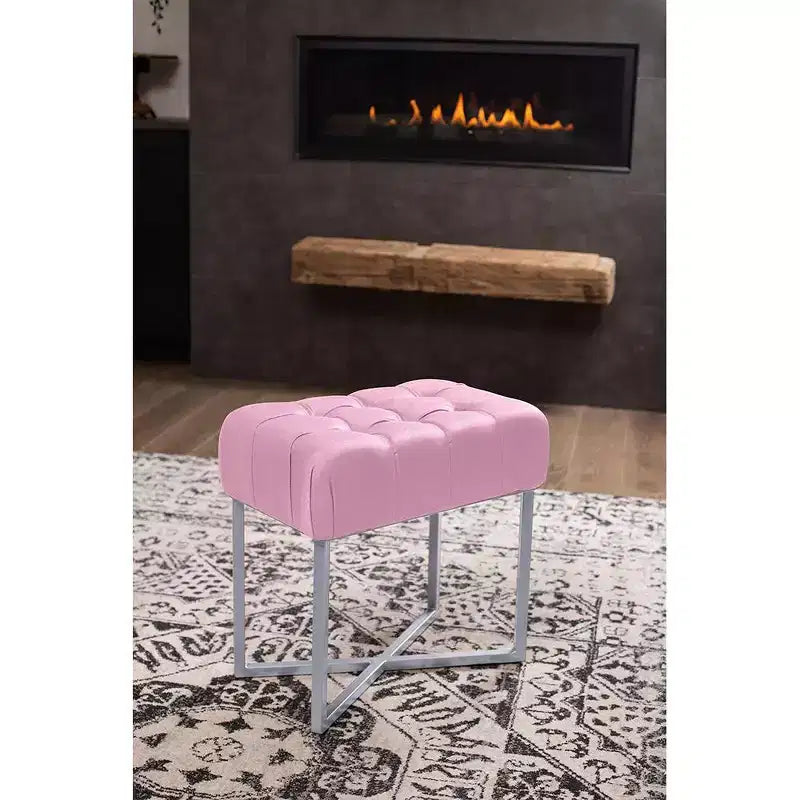 BirdRock Home Pouf poggiapiedi rettangolare trapuntato rosa con gambe argentate