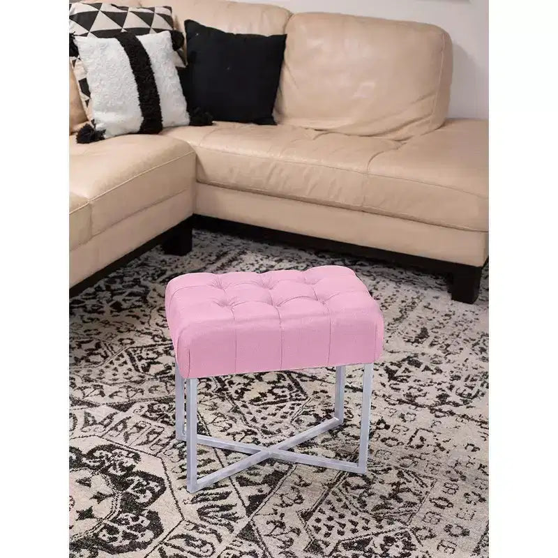 BirdRock Home Pouf poggiapiedi rettangolare trapuntato rosa con gambe argentate