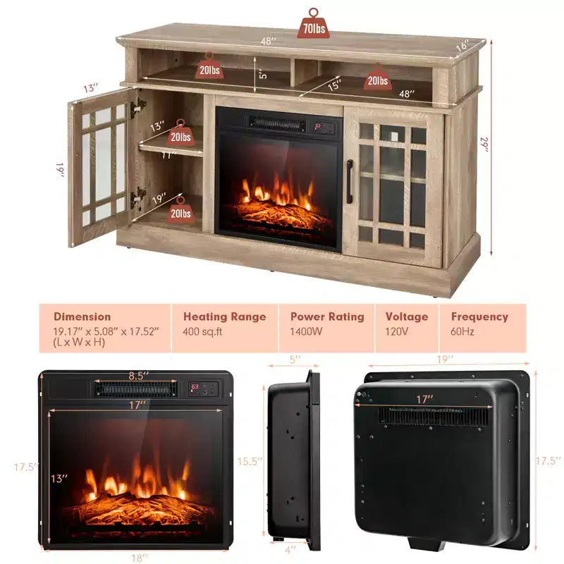 Costway Mobile TV da 48'' con Camino Elettrico da 1400W per TV fino a 50 Pollici Bianco / Naturale / Nero