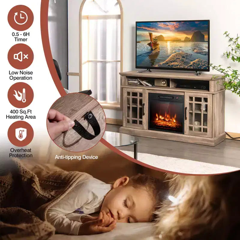 Costway Mobile TV da 48'' con Camino Elettrico da 1400W per TV fino a 50 Pollici Bianco / Naturale / Nero