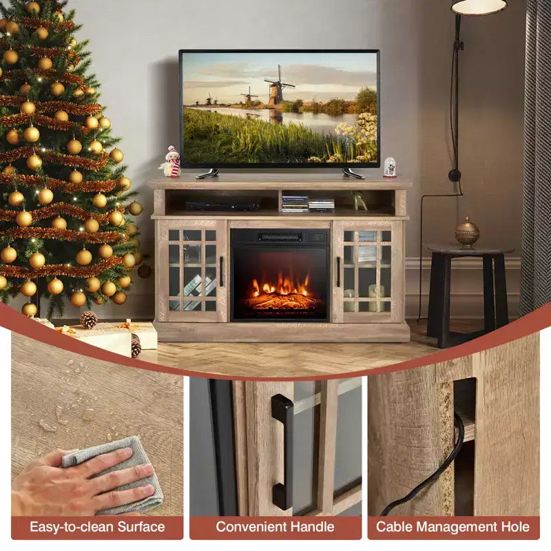 Costway Mobile TV da 48'' con Camino Elettrico da 1400W per TV fino a 50 Pollici Bianco / Naturale / Nero