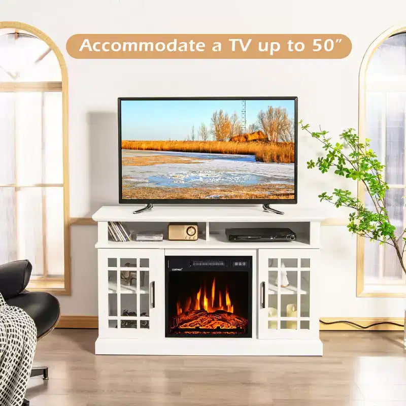 Costway Mobile TV da 48'' con Camino Elettrico da 1400W per TV fino a 50 Pollici Bianco / Naturale / Nero