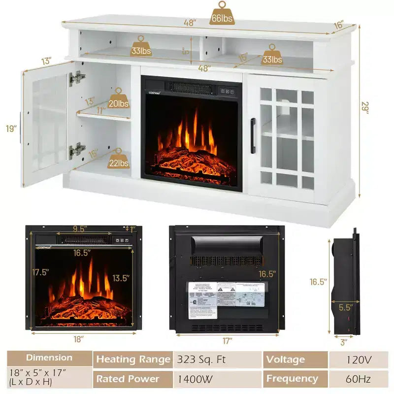 Costway Mobile TV da 48'' con Camino Elettrico da 1400W per TV fino a 50 Pollici Bianco / Naturale / Nero