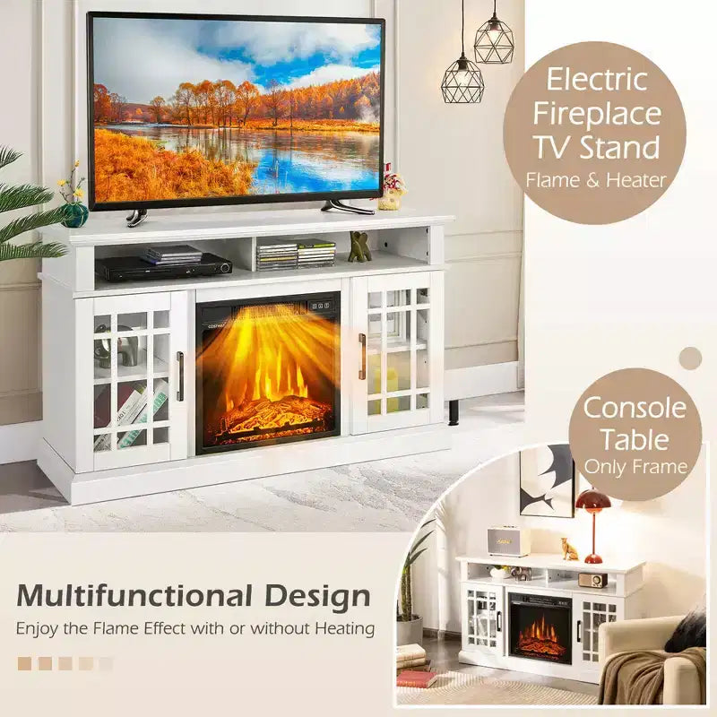 Costway Mobile TV da 48'' con Camino Elettrico da 1400W per TV fino a 50 Pollici Bianco / Naturale / Nero