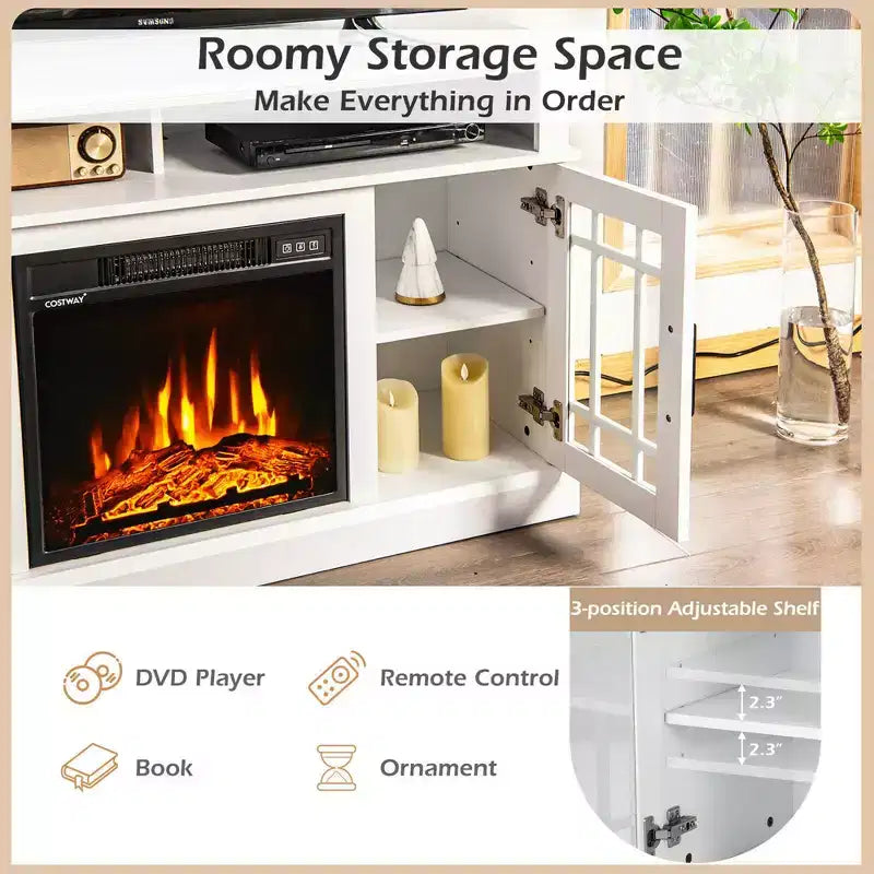 Costway Mobile TV da 48'' con Camino Elettrico da 1400W per TV fino a 50 Pollici Bianco / Naturale / Nero