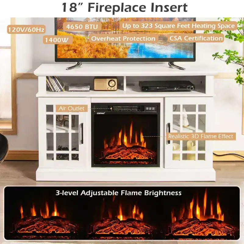 Costway Mobile TV da 48'' con Camino Elettrico da 1400W per TV fino a 50 Pollici Bianco / Naturale / Nero