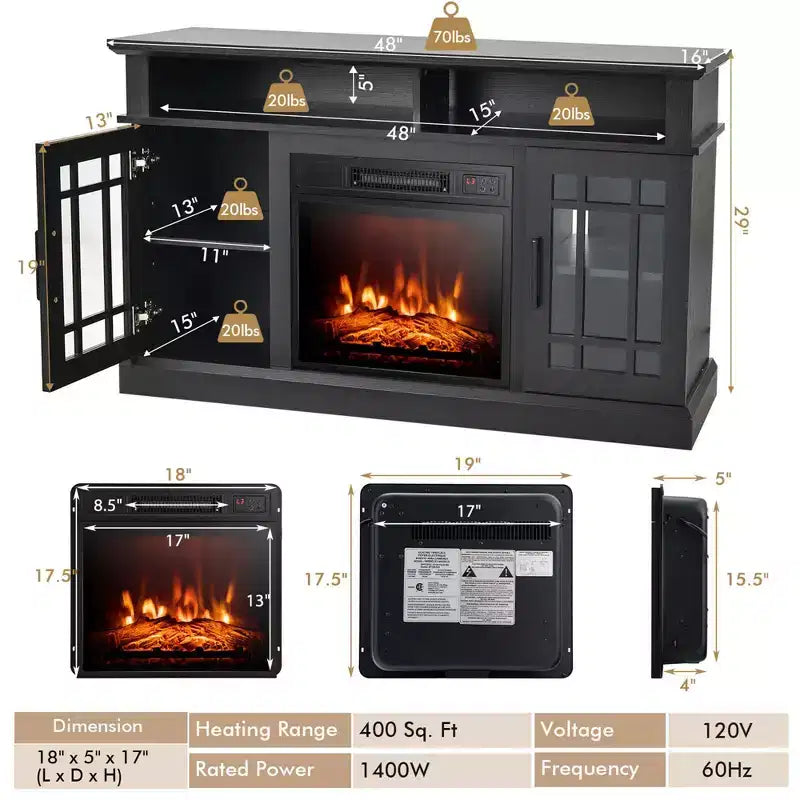 Costway Mobile TV da 48'' con Camino Elettrico da 1400W per TV fino a 50 Pollici Bianco / Naturale / Nero