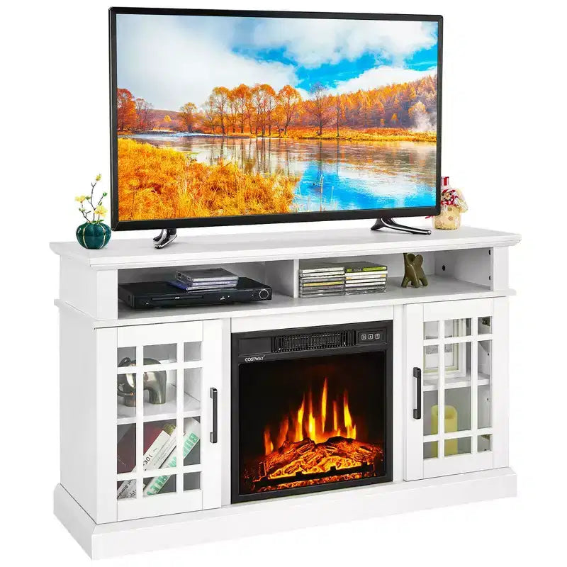 Costway Mobile TV da 48'' con Camino Elettrico da 1400W per TV fino a 50 Pollici Bianco / Naturale / Nero