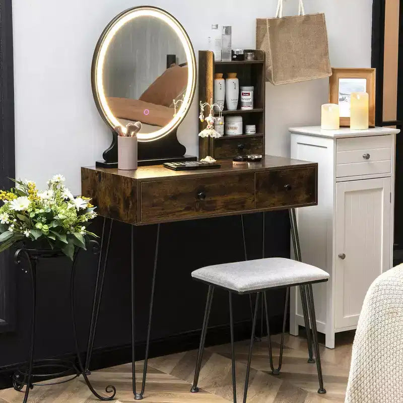 Costway Tavolo da toeletta con specchio illuminato, cassetto portaoggetti, ripiano e sgabello imbottito