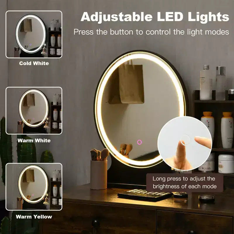 Costway Tavolo da toeletta con specchio illuminato, cassetto portaoggetti, ripiano e sgabello imbottito