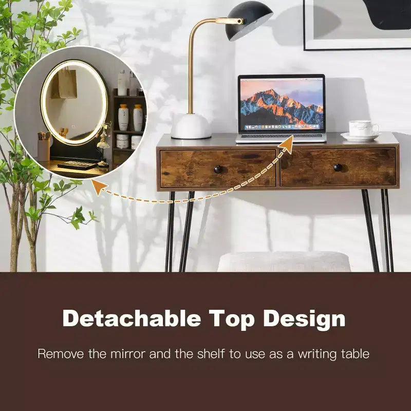 Costway Tavolo da toeletta con specchio illuminato, cassetto portaoggetti, ripiano e sgabello imbottito