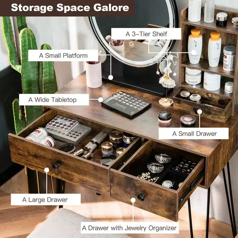 Costway Tavolo da toeletta con specchio illuminato, cassetto portaoggetti, ripiano e sgabello imbottito
