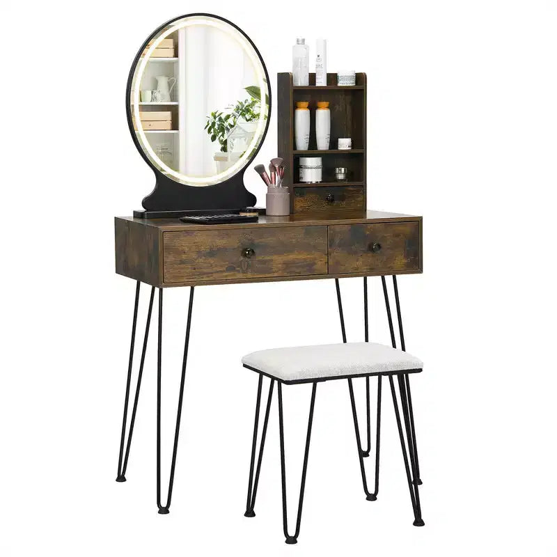 Costway Tavolo da toeletta con specchio illuminato, cassetto portaoggetti, ripiano e sgabello imbottito
