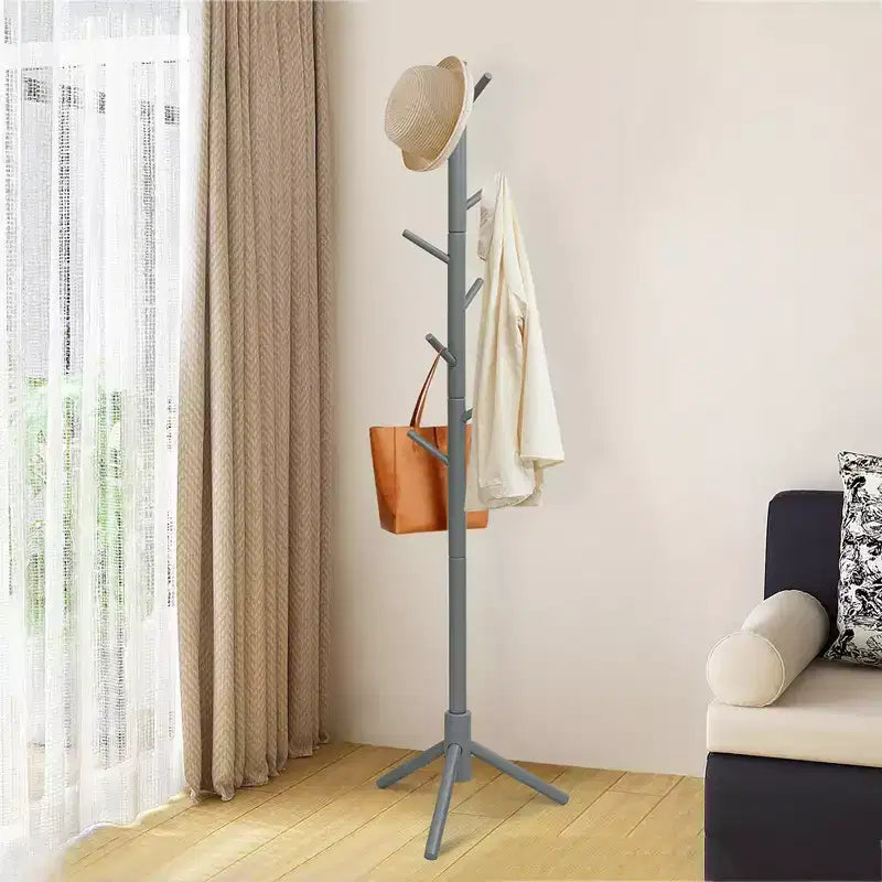 Appendiabiti da terra in legno Costway, Organizer per ingresso con 8 ganci e 2 altezze, Grigio/Noce