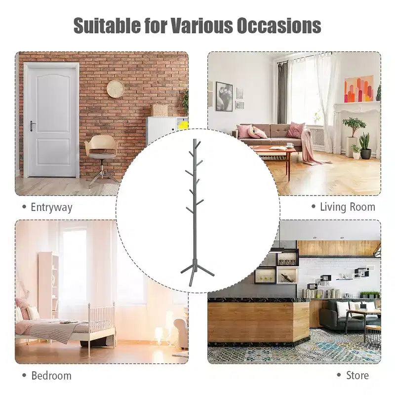 Appendiabiti da terra in legno Costway, Organizer per ingresso con 8 ganci e 2 altezze, Grigio/Noce
