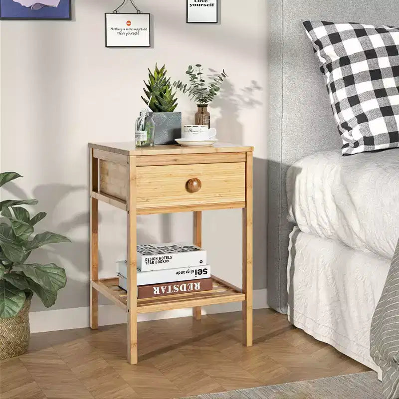 Costway Comodino in Bambù, Set di 2, Tavolino da Notte con Cassetto per Soggiorno Camera da Letto, Naturale