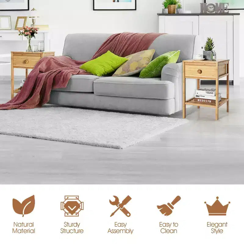 Costway Comodino in Bambù, Set di 2, Tavolino da Notte con Cassetto per Soggiorno Camera da Letto, Naturale