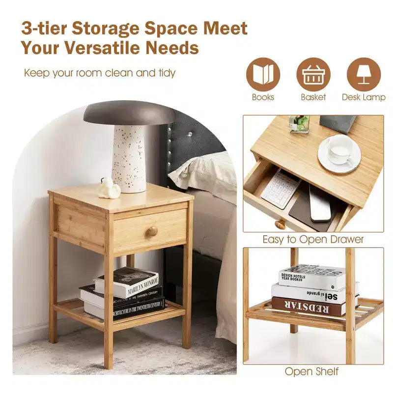 Costway Comodino in Bambù, Set di 2, Tavolino da Notte con Cassetto per Soggiorno Camera da Letto, Naturale