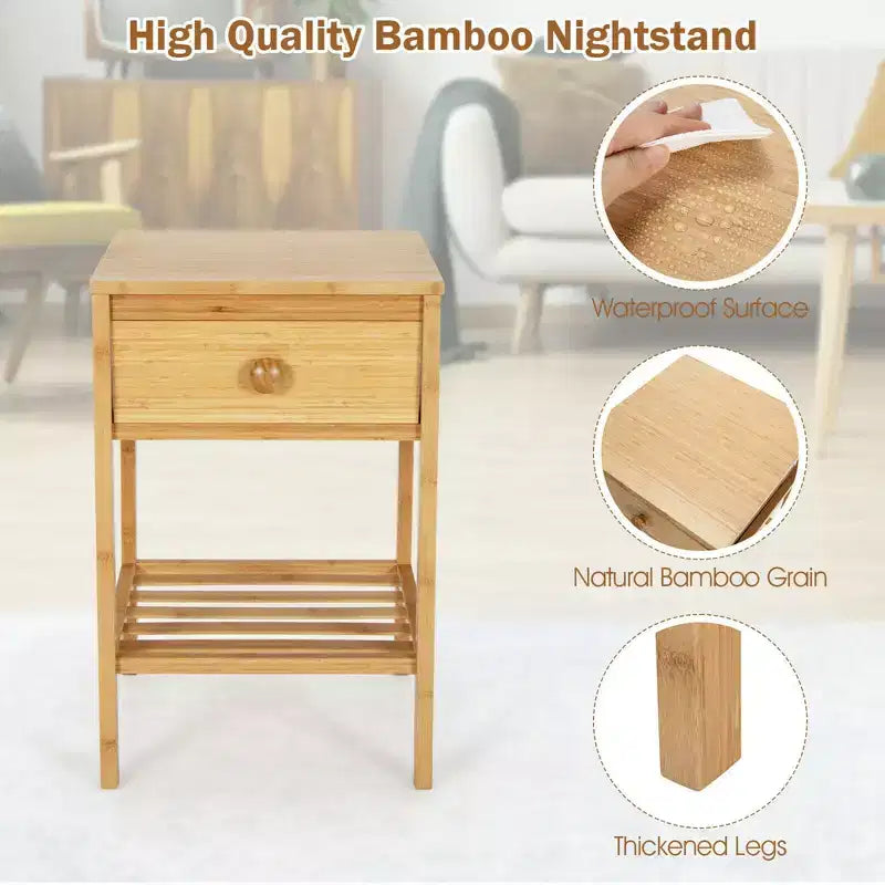 Costway Comodino in Bambù, Set di 2, Tavolino da Notte con Cassetto per Soggiorno Camera da Letto, Naturale