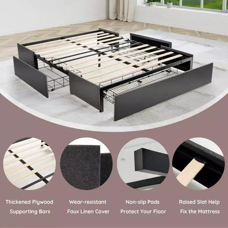 Struttura letto a piattaforma Costway con 3 cassetti contenitore, base materasso grigia
