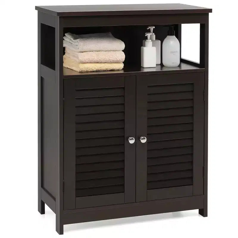 Costway Mobile Contenitore da Bagno con Doppia Anta a Persiana in Legno Colore Caffè/Nero/Bianco
