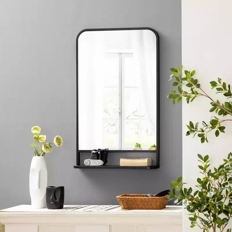 HOMCOM Specchio Rettangolare da Parete Moderno 34 x 21 con Ripiano, Specchio per Soggiorno, Camera da Letto, Nero