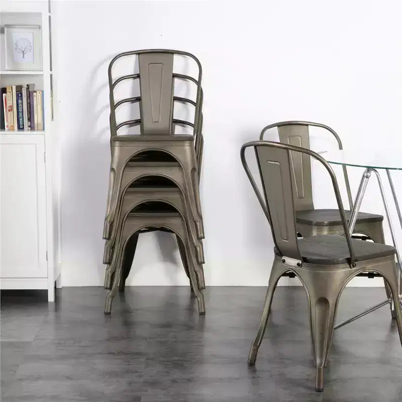 Yaheetech 4 SEDIE da Pranzo Impilabili con Struttura in Metallo, Seduta in Legno, Schienale e Poggiapiedi
