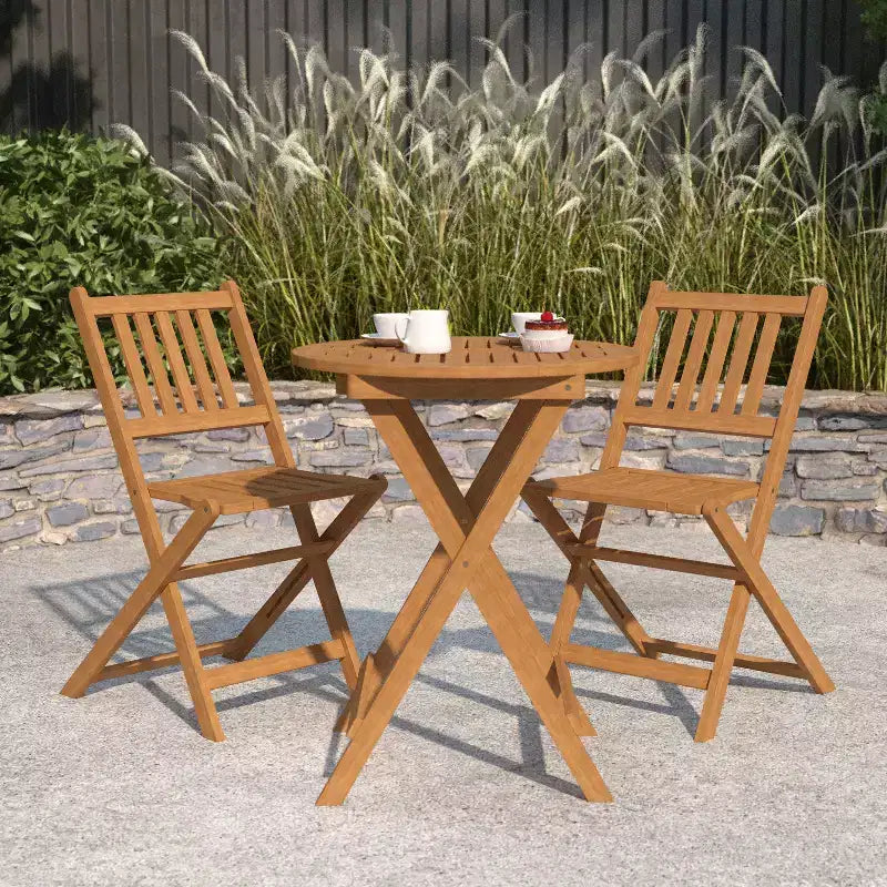 Merrick Lane Set da Bistrò Pieghevole da Tre Pezzi in Legno Massello di Acacia con Tavolo Rotondo Leggero e Due Sedie, Naturale